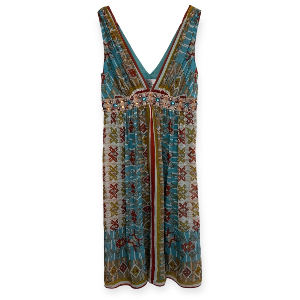 Nicole Miller Studio Y2K 100% Silk Empire Waist Bead Embroidery Midi Dress‎